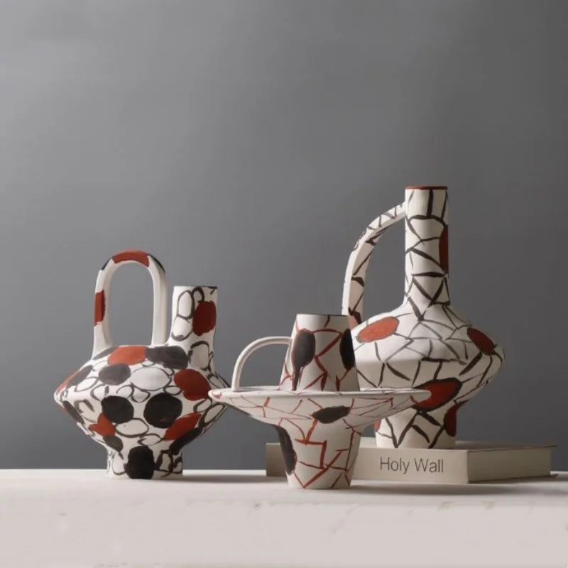 Afralia™ Geometric Graffiti Ceramic Vase with Handles for Home Decor and Floral Arrangements.