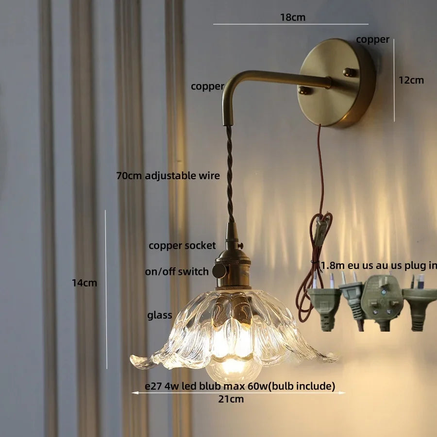 Afralia™ Glass & Copper Green Flower LED Wall Sconce with Pull Chain