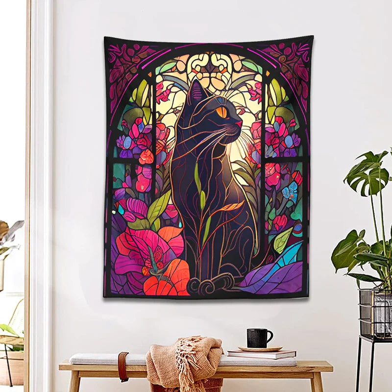 Afralia™ Floral Cat Tapestry Stained Glass Wall Art - Boho Cat Decor