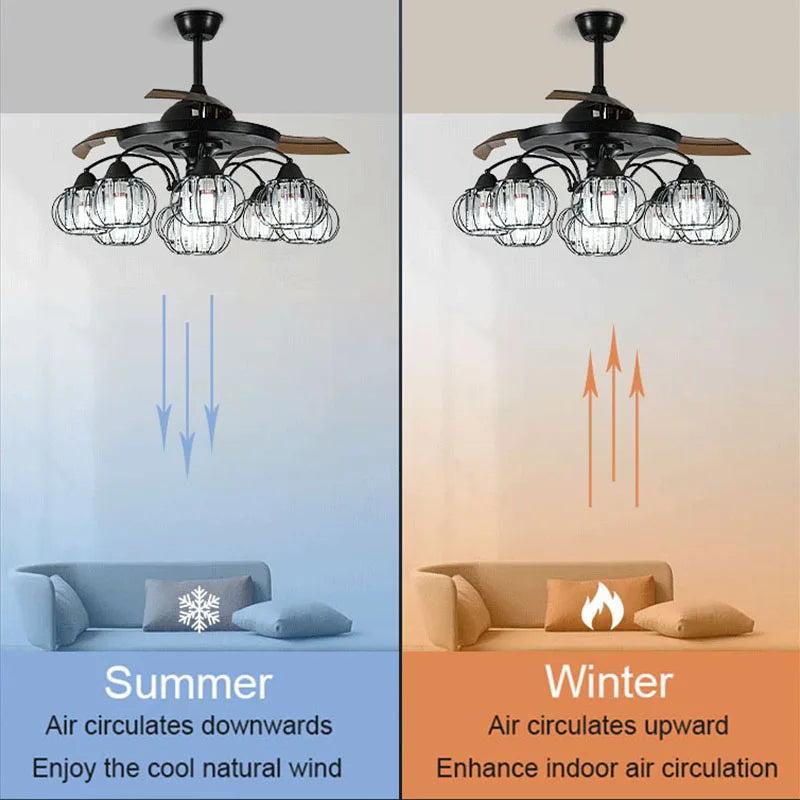 Afralia™ Black Crystal LED Ceiling Fan Chandelier, 6/9 Heads, Remote Control, Reverse Motor