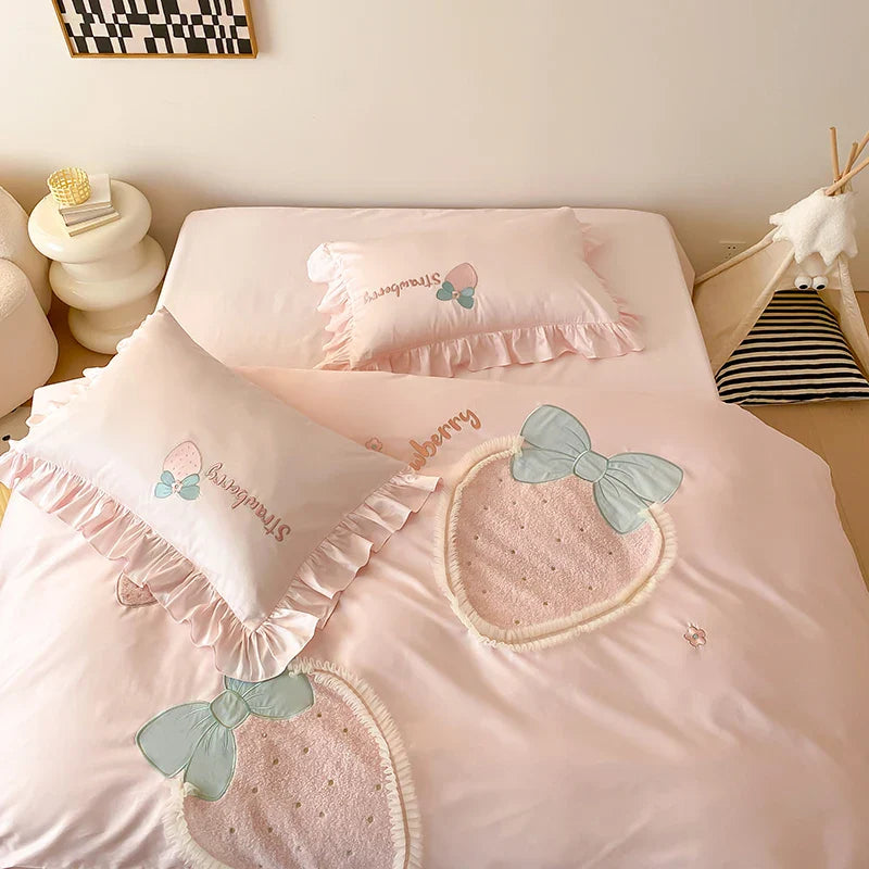 Afralia™ Pink Strawberry Embroidery Girl Bedding Set 1000TC Egyptian Cotton