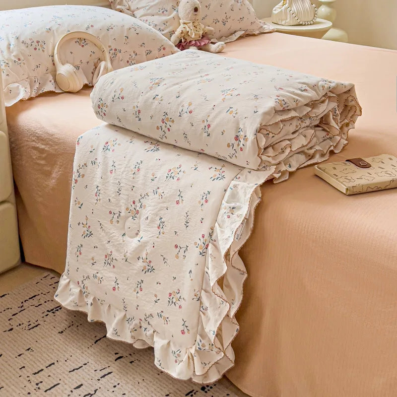 Afralia™ Korean Cotton Patchwork Quilt with Lace and Ruffle for Summer