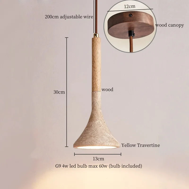 Afralia™ LED Pendant Lights Yellow Travertine Wood Hanging Lamp for Bedroom Dining Room