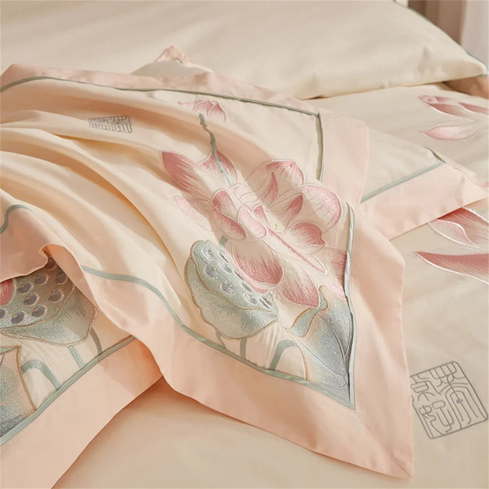 Afralia™ Pink Satin Jacquard Lotus Duvet Set 4Pcs Queen King Bedlinens