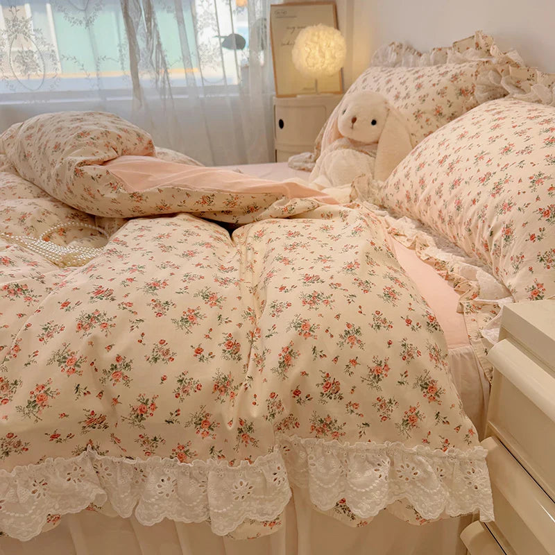 Afralia™ Korean Princess Style Floral Lace Ruffles Bedding Set with Pillowcase