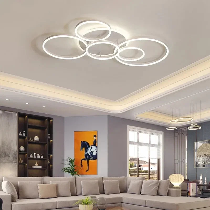 Afralia™ Modern Golden White Ring Chandelier for Living Room, Dimmable LED Ceiling Light