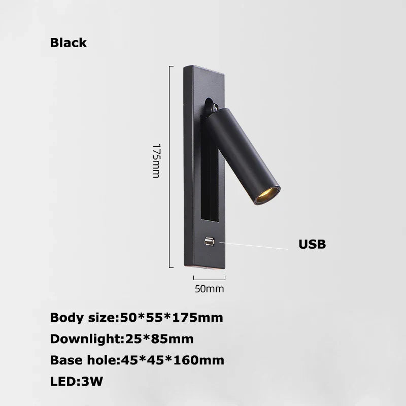 Afralia™ LED Wall Lamp with Switch, USB Port, Rotatable - Bedroom Reading Light