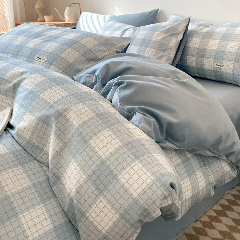 Afralia™ Grid Printed Cotton Fitted Sheet Set - Double-Sided Mix Color Quilt Cover