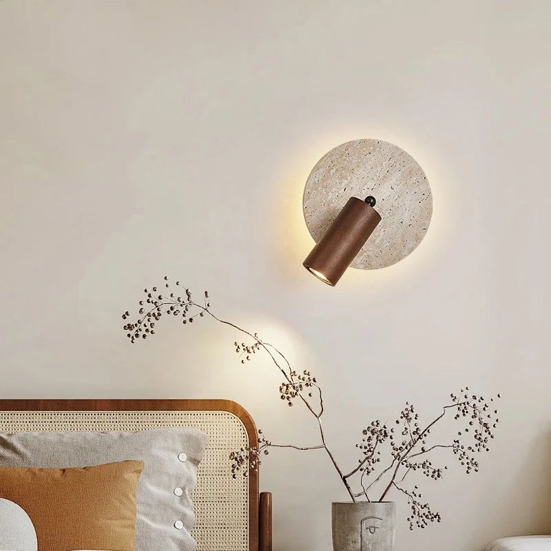 Afralia™ Wood LED Wall Lamp Sconce Pull Chain Yellow Travertine Nordic Modern Rotation