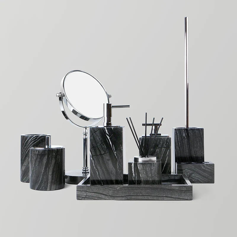 Afralia™ Tree Black Marble Bathroom Accessories Set: Toothbrush Holder, Soap Dispenser, Soap Dish
