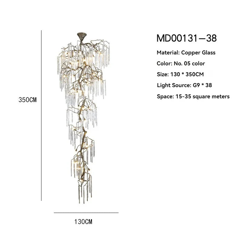 Afralia Crystal High Ceiling Staircase Chandelier Branch Hanging Loft Stairway Brass