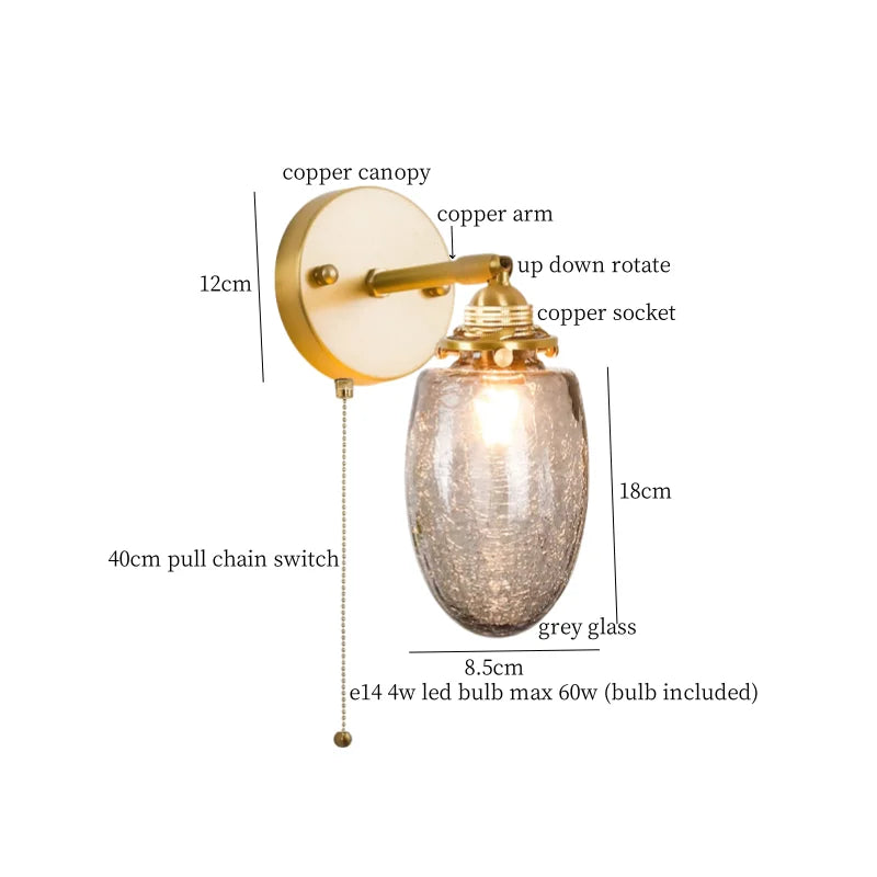 Afralia™ Grey Glass LED Wall Lamp Bedroom Living Room Loft Modern Copper Wandlamp