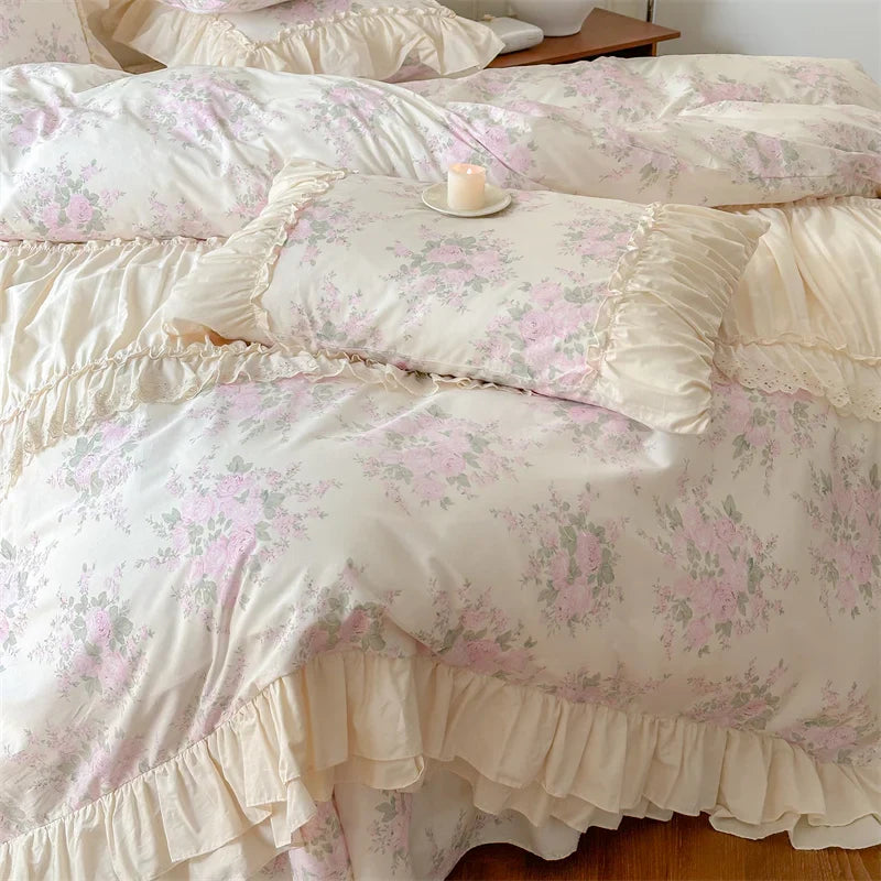 Afralia™ French Floral Bedding Set: Vintage Country Flowers with Ruffles, Duvet Cover, Flat Sheet & Pillowcases