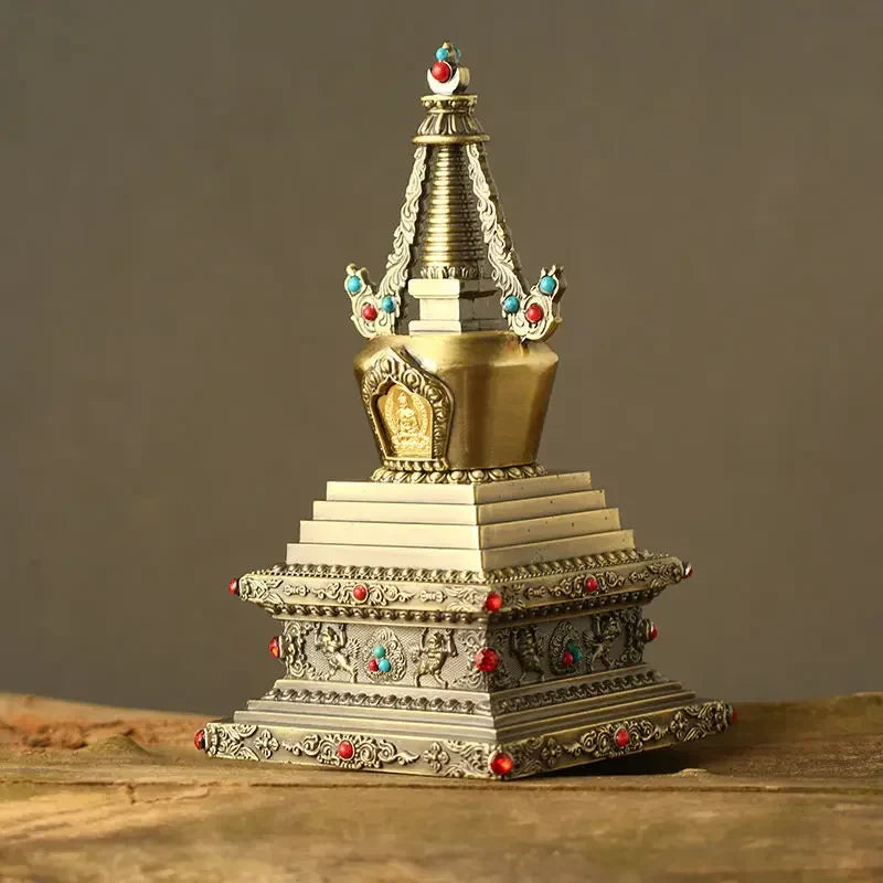 Afralia™ Tibetan Stupa Buddhist Statue with Pearl Inlay - Spiritual Desktop Decor
