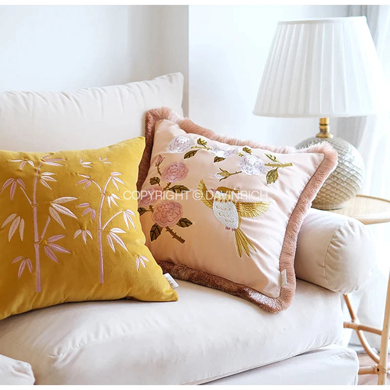 Afralia™ Bamboo Embroidery Yellow Patchwork Art Throw Pillow Cover 45x45cm