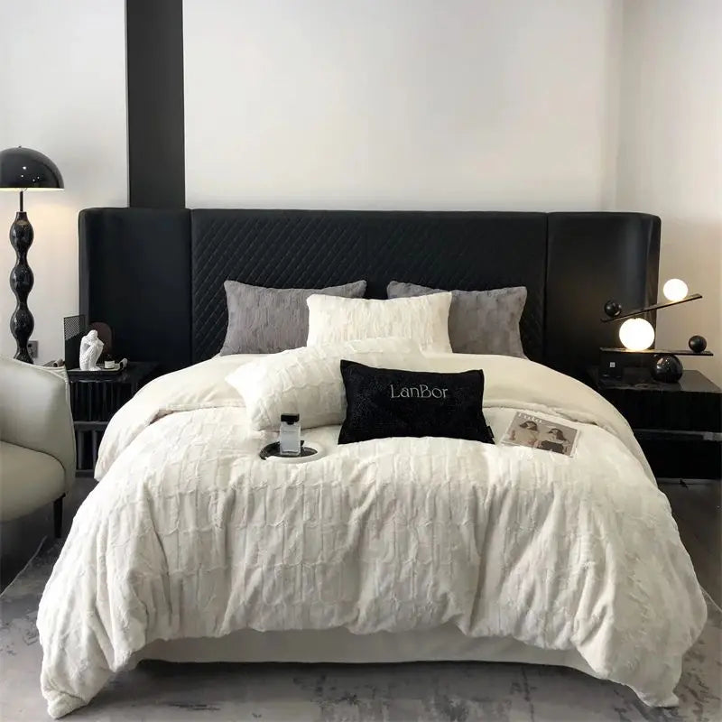 Afralia™ Cozy Faux Rabbit Fur Bedding Set in Black & Grey: Duvet, Sheets, Pillowcases