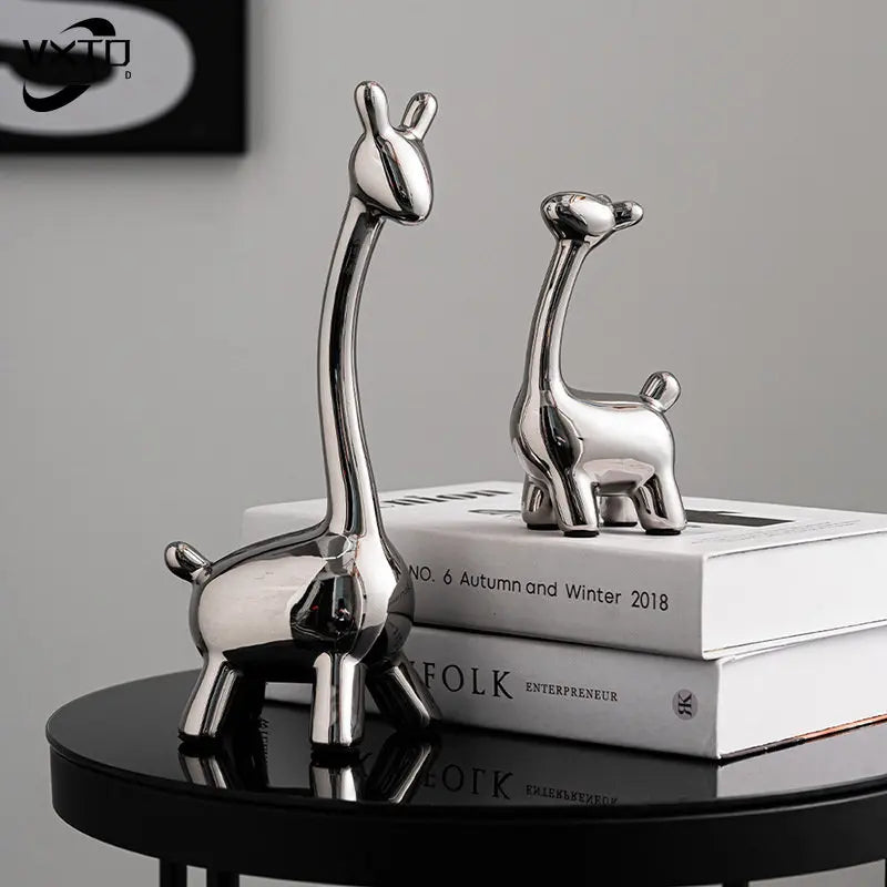 Afralia™ Silver Ceramic Deer Reindeer Figurines for Modern Home and Office Decor