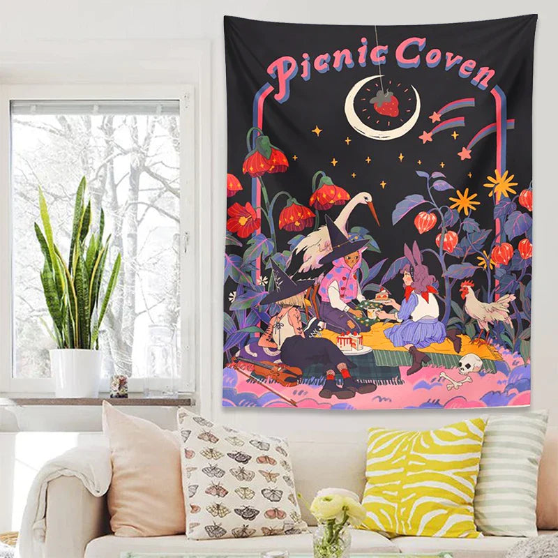 Afralia™ Psychedelic Forest Tapestry Wall Hanging: Magical Fairy Tale Mushroom Moon Fantasy