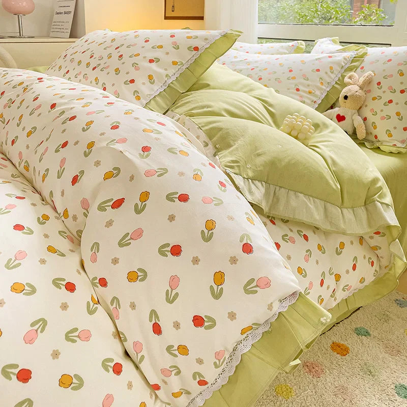 Afralia™ Floral Ruffles Bedding Set with Duvet Cover, Sheets, and Pillowcases