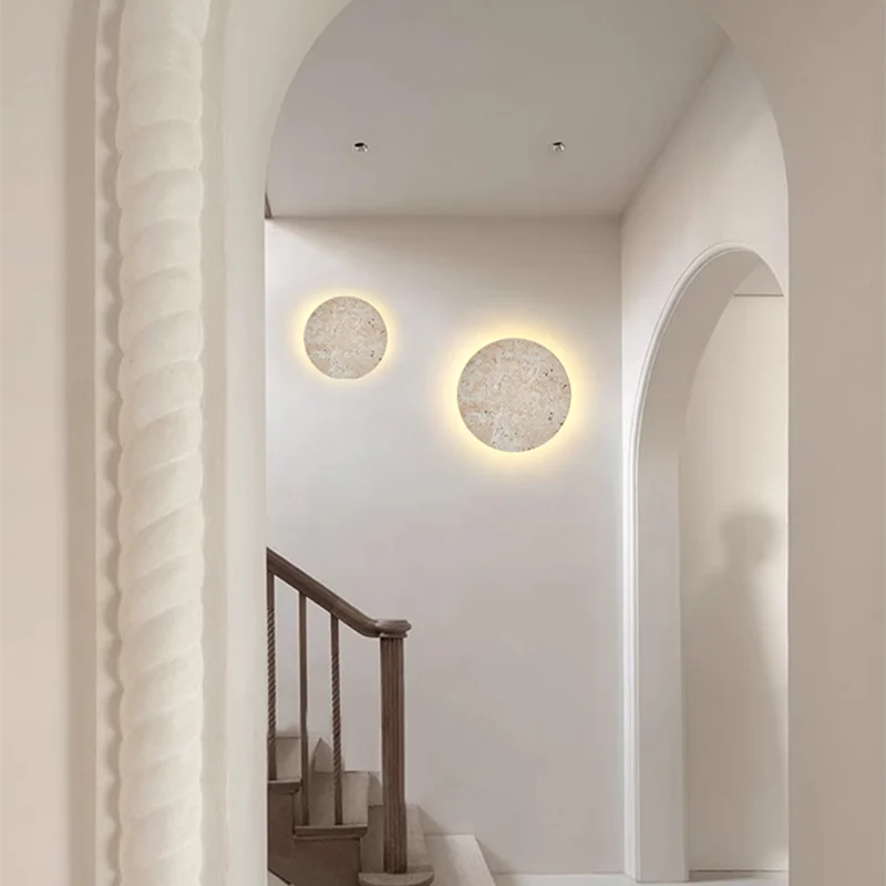 Afralia™ Natural Beige Stone Wall Lamp minimalist flush mount circle LED light Bedroom Wall Light