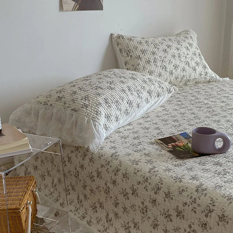Afralia™ Floral Lace Ruffles Cotton Bedspread Set with Quilted Design & Pillowcases