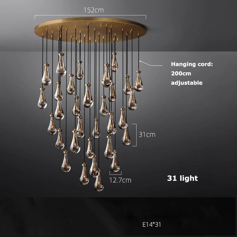 Afralia™ Brass Teardrop Pendant Chandelier with Black/Gold Glass - LED Living Room Staircase Light