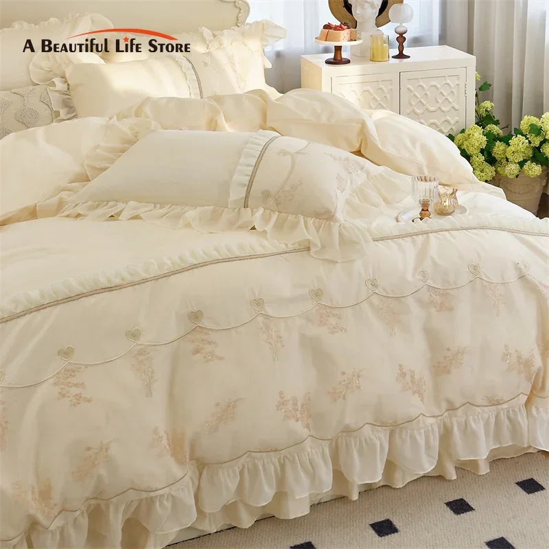 Afralia™ Elegant Heart Embroidery Lace Princess Wedding Bedding Set