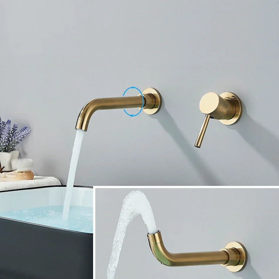 Afralia™ Wall Mounted Brushed Gold/Black Basin Faucet: Bathroom Sink Tap Hot/Cold Mixer
