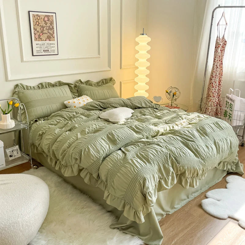 Afralia™ Seersucker Ruffled Duvet Cover Set - Soft Green Pink Grey Bedding