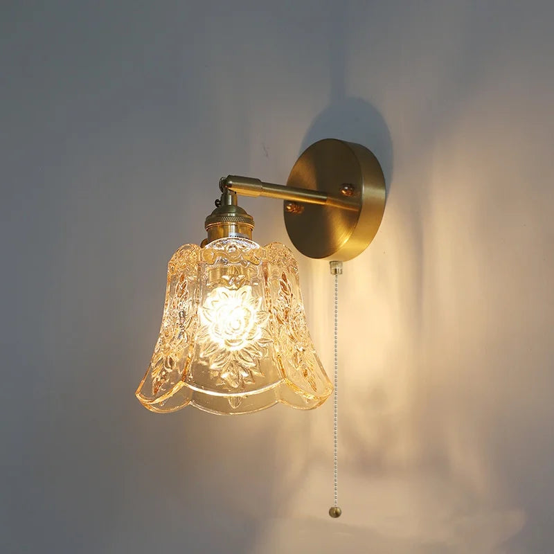 Afralia™ Green Glass LED Wall Lights Pull Chain Switch Vintage Style Bedside Lamp