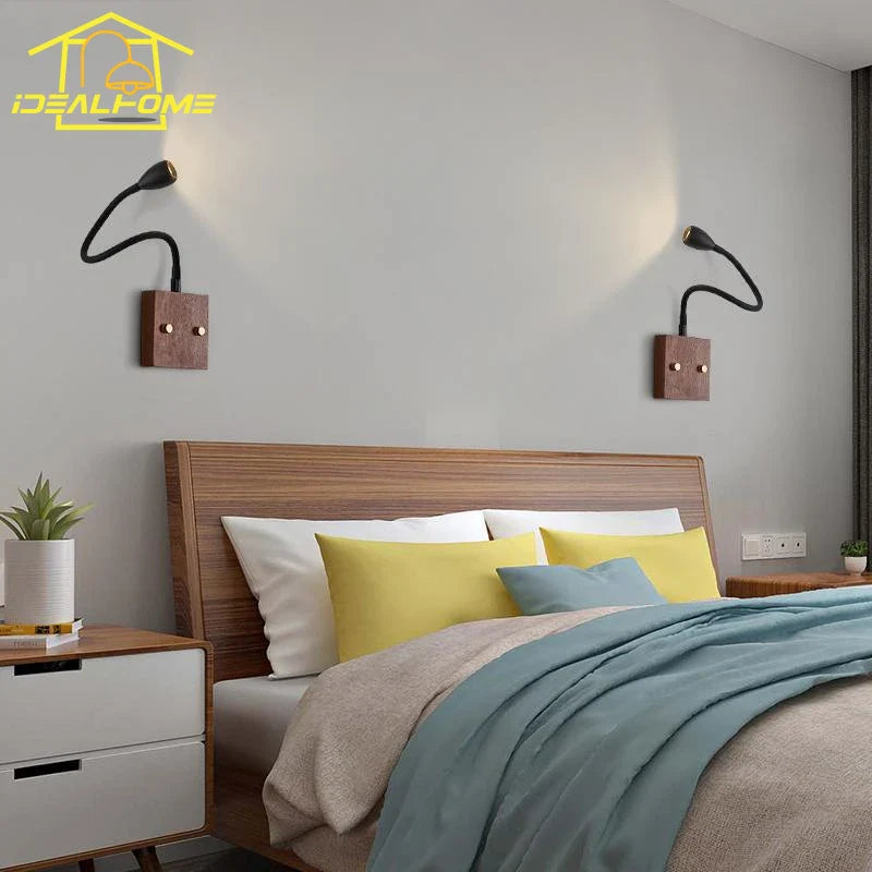 Afralia™ Walnut Wood LED Wall Lamp for Bedroom Study Cafe, Adjustable Universal Joint