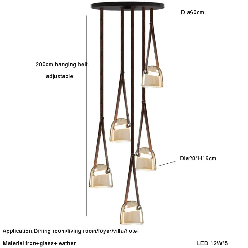 Afralia™ Glass Pendant Chandelier: Modern Leather Belt Luxury LED Lighting for Home Decor