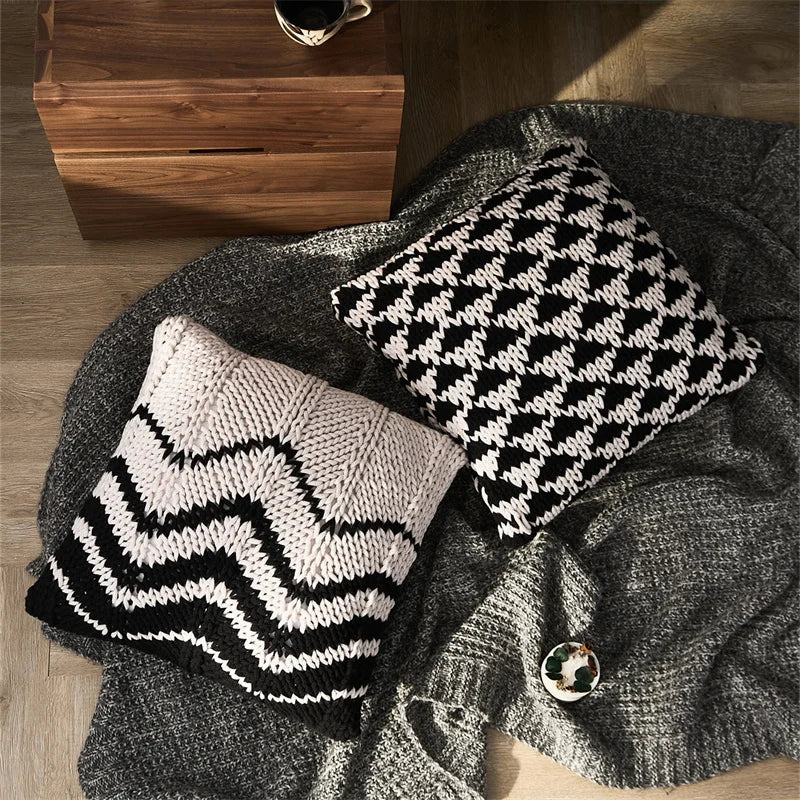 Afralia™ Geo Knit Stripe Woven Square Pillow 45x45cm Black Ivory Insets