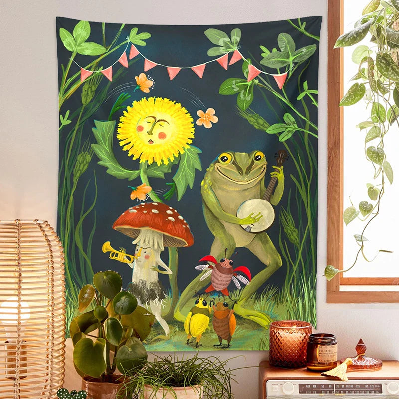 Frog Mushroom Tapestry Wall Hanging by Afralia™: Psychedelic Forest Animals Gathering Art Home Decor