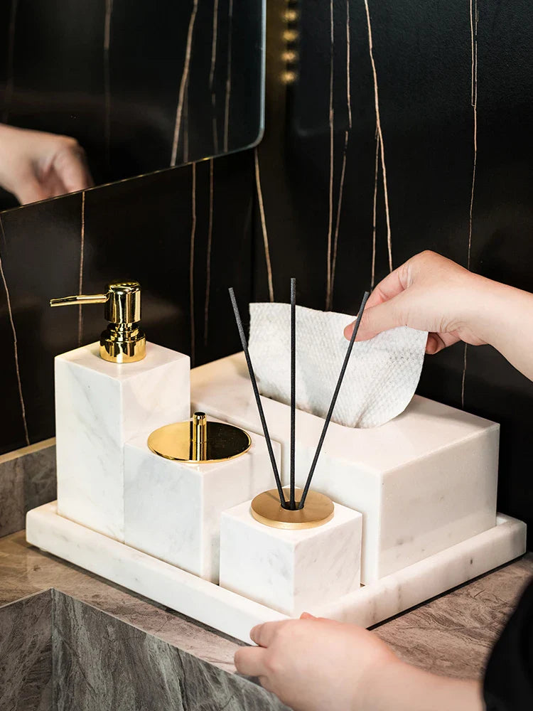 Afralia™ Volakas White Marble Bathroom Set - Soap Dispenser, Tissue Box, Tray