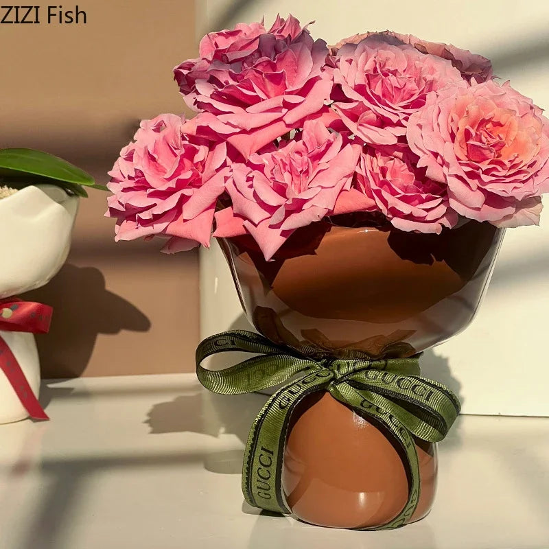 Afralia™ Rose Ceramic Vase Desk Decoration for Aesthetic Room Decor