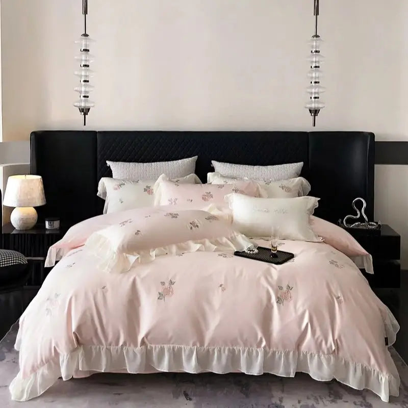 Afralia™ Rose Flowers Cotton Lace Ruffles Wedding Bedding Set