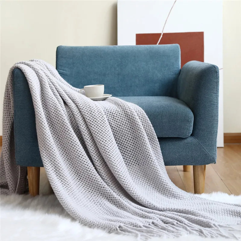 Afralia™ Cozy Nordic Knit Sofa Blanket with Tassels & Fleece Throw