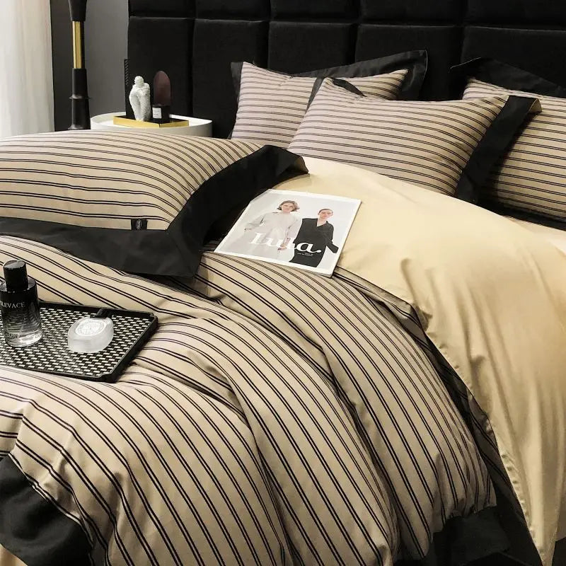 Afralia™ Luxury Egyptian Cotton Stripes Bedding Set - 4-Piece Duvet Cover, Sheet, Pillowcases