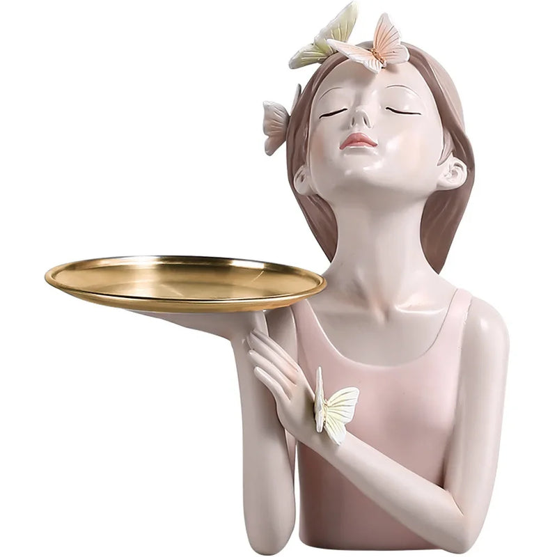 Afralia™ Nordic Butterfly Fairy Girls Resin Ornaments on Metal Tray, Home Decor Figurines Gift