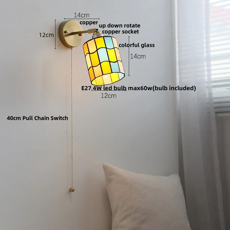 Afralia™ Rotatable Glass LED Wall Lamp with Copper Socket and Pull Chain Switch