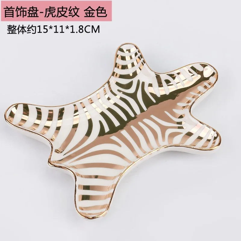 Afralia™ Gold Tiger Skin Ceramic Plate Zebra Dish Jewelry Holder Tray