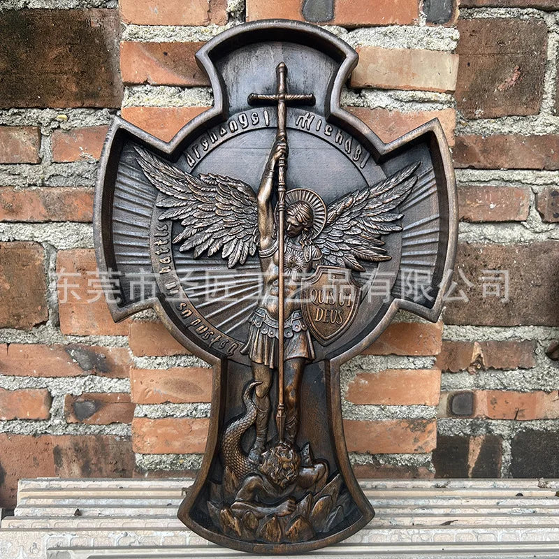 Afralia™ Saint Michael Archangel Cross Statue for Home Wall Decor and Christian Gifts