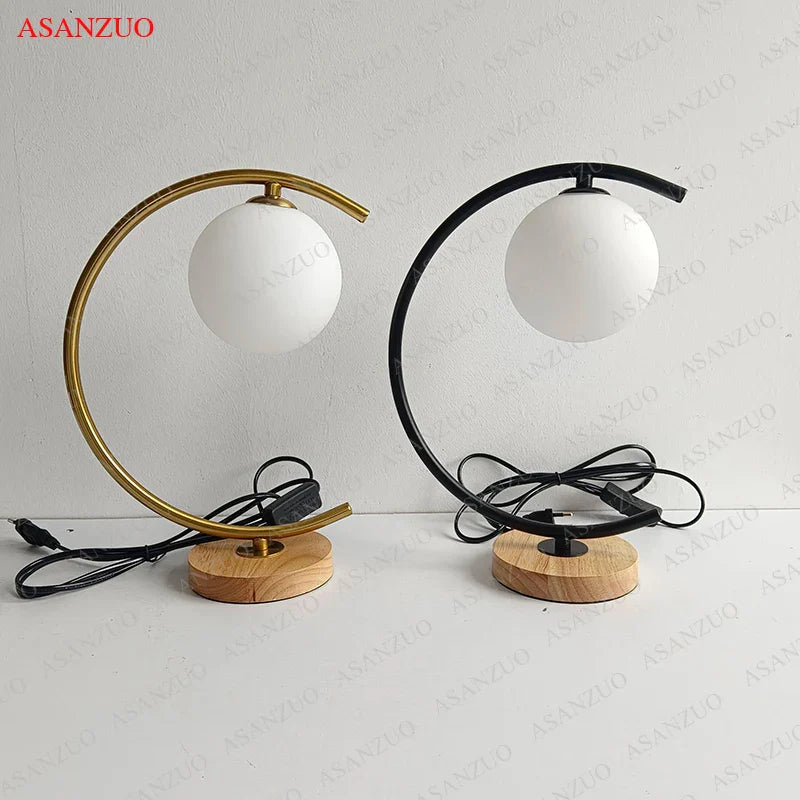 Afralia™ Nordic Glass Ball Wood Table Lamp Bedroom Living Room Decor Light