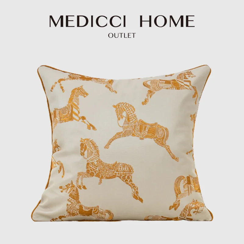 Afralia™ Gold Faux Silk Horses Jacquard Cushion Cover, Soft Chinese Style Throw Pillow Case