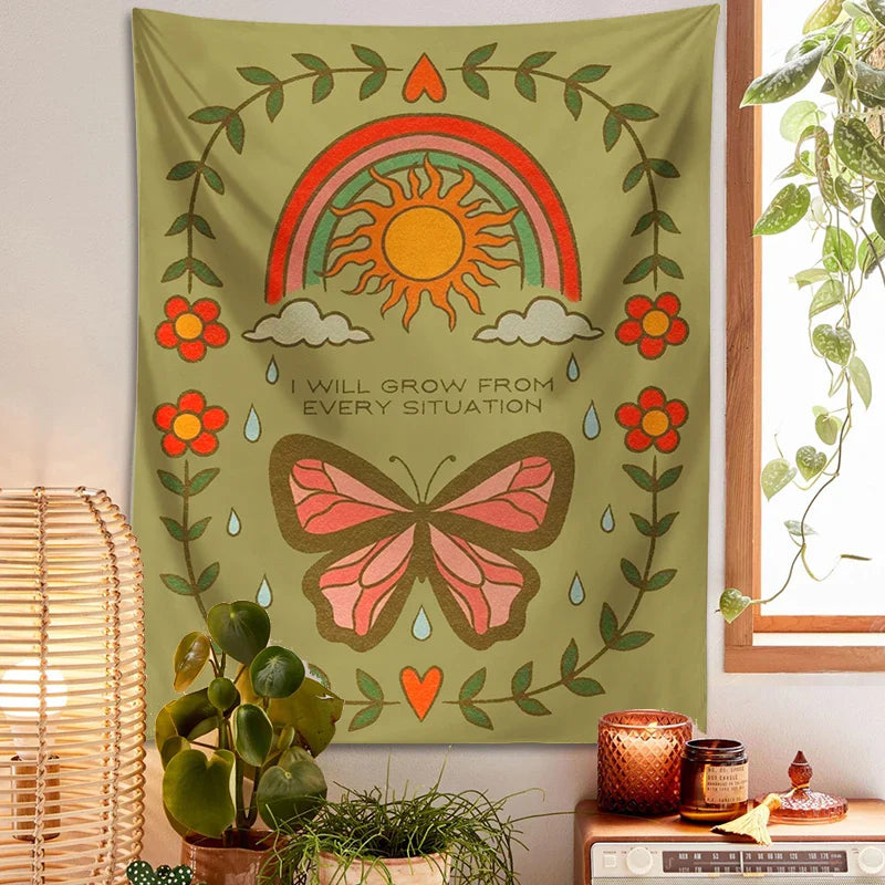 Afralia™ Retro Rainbow Butterfly Botanical Flower Wall Hanging Tapestry Home Decor