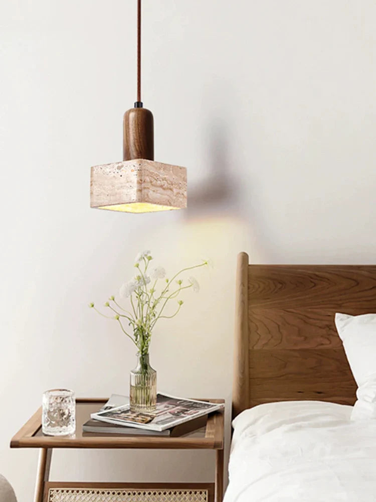 Afralia™ Square Stone Chandelier Pendant Lamp for Bedroom, Cream Solid Wood Retro Light