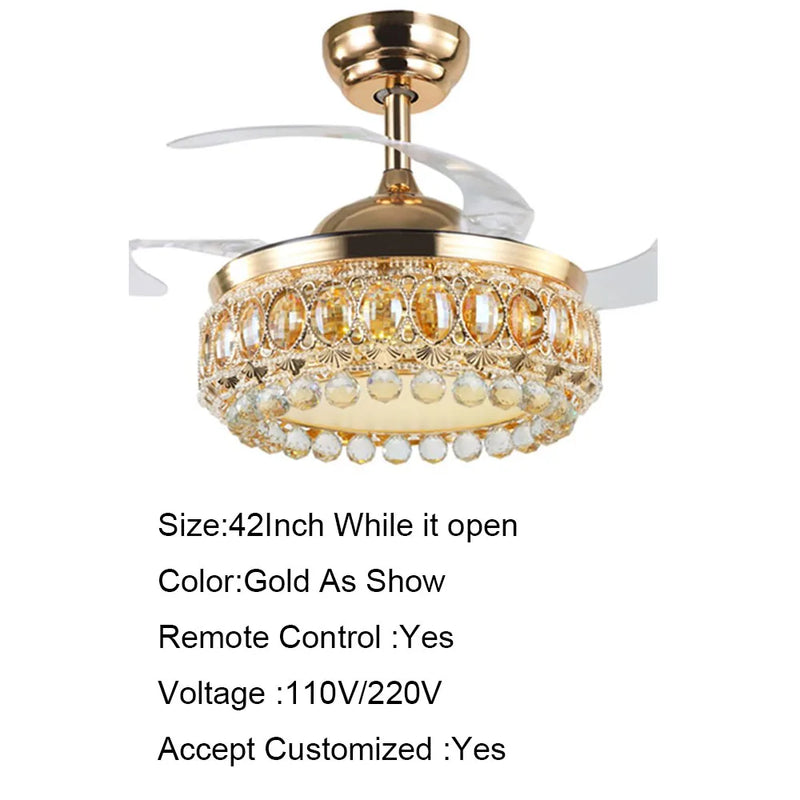 Afralia™ 42 Inch Gold Luxury Crystal Ceiling Fan Light with Remote Control