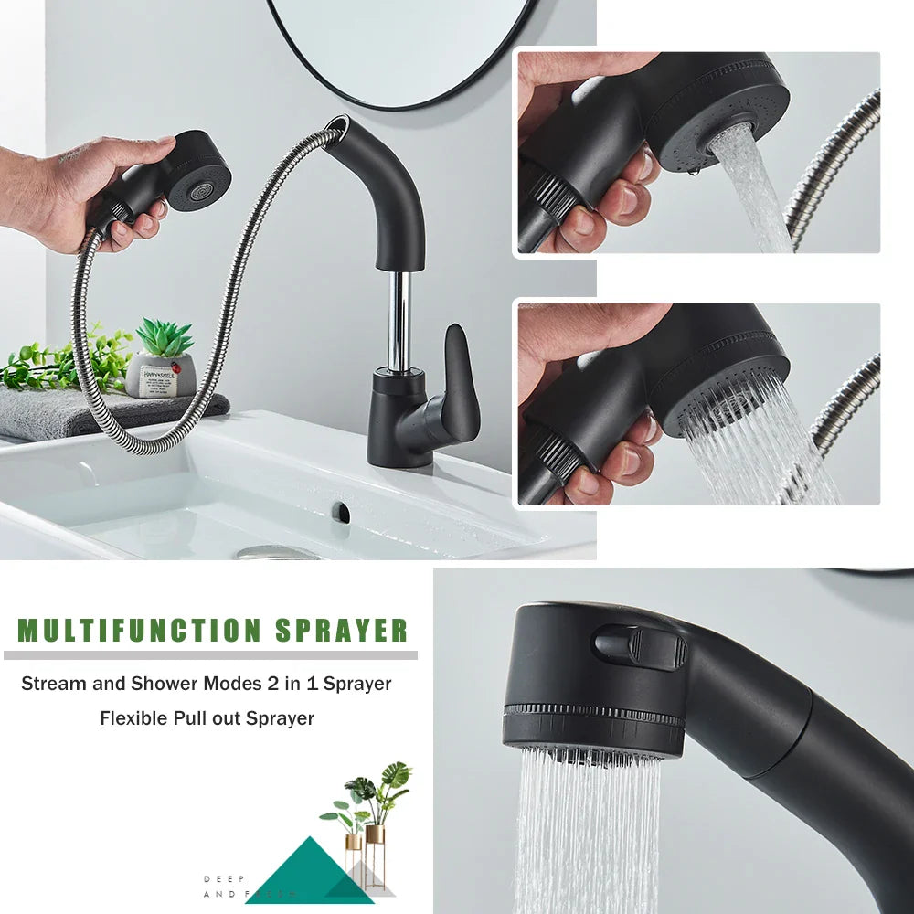 Afralia™ Black Lift Basin Faucet with Pull Out Sprayer for Bathroom Sink - Dual Nozzle