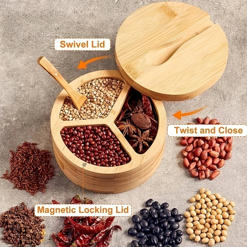 Afralia™ Bamboo Seasoning Box with Spoon - Rotating Cover Spice Container